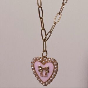 Gold-Tone Necklace with Pink Heart Pendant and Pearl Trim